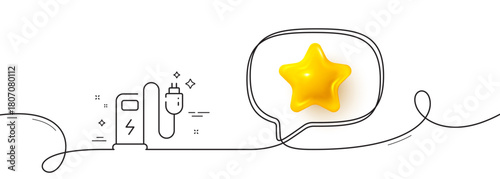 Charging station line icon. Continuous line with 3d star. Car charge plug sign. Electric power symbol. 3d star in speech bubble. Charging station single line ribbon. Loop curve pattern. Vector