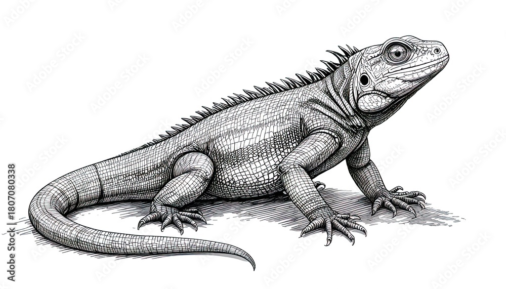 Obraz premium Detailed iguana illustration, a captivating reptile drawing perfect for educational materials, biology textbooks, and exotic animal themes or unique tattoo art