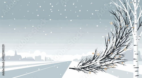 Winter landscape vector illustration with falling snow and bare branches on a road. Winter scene with birch tree and distant town. Seasonal greeting vector art for holiday cards.