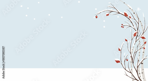 Winter branches with red leaves and snow, delicate vector illustration for seasonal design. Winter branches with soft snowfall, elegant winter scene for festive invitations.