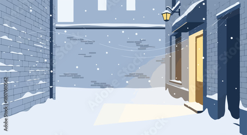 Cozy winter alley scene with falling snow and warm light from shop window, vector illustration.