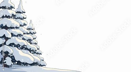 Winter snow covered pine trees vector illustration with falling snowflakes and white background for festive holiday design.