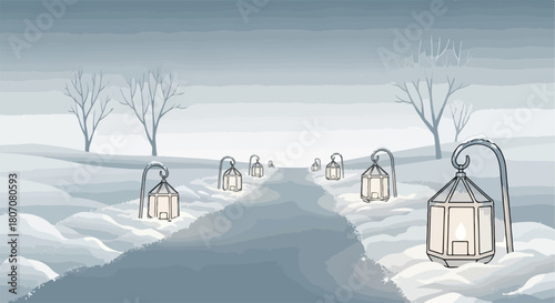 Winter path with lanterns, a serene vector illustration of a snow-covered road lined with glowing lanterns leading through a tranquil winter landscape. Festive winter scene for holiday decoration.