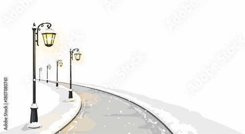 Winter streetlights illuminate snowy path, charming vector illustration for holiday greetings and seasonal decor. Festive winter scene with glowing lamps and frosted ground,