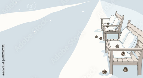 Winter park scene with empty benches covered in snow and pinecones, peaceful winter landscape vector illustration.