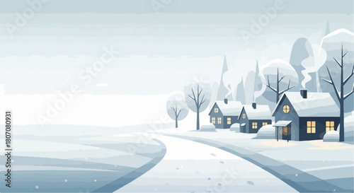 Cozy winter village scene with snow covered houses and glowing windows, a winding path leading through the landscape, vector illustration for holiday greetings.