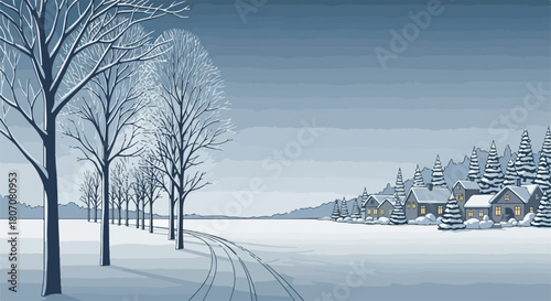 Winter landscape vector illustration with snow covered trees lining a road leading to a village with glowing windows.