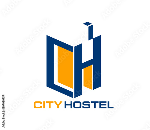 Hostel motel business abstract icon or emblem. Resort rental accommodation symbol, hostel vector icon. Hotel sign or travel motel graphic emblem with abstract building and typography