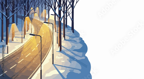 Winter road illustration with glowing streetlights and bare trees casting long shadows on snowy ground, perfect for seasonal greetings and festive designs.