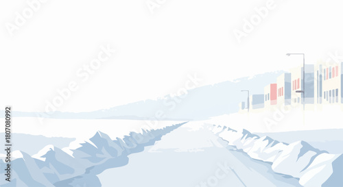 Minimalist winter landscape vector art with snow covered road leading to distant city skyline. Cold weather scene with abstract buildings and clear sky, perfect for seasonal design.