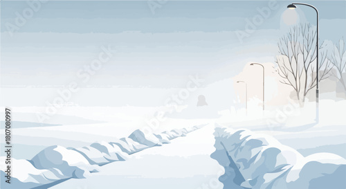 Winter landscape vector with snow covered path and streetlights. Cold winter scene vector illustration with frosted trees and soft light. Winter season vector graphic for seasonal promotions.