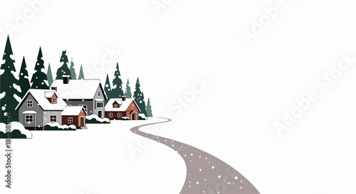 Cozy winter village scene with snow-covered houses and evergreen trees, a winding path leading into the distance, charming illustration for holiday greetings and seasonal decor.