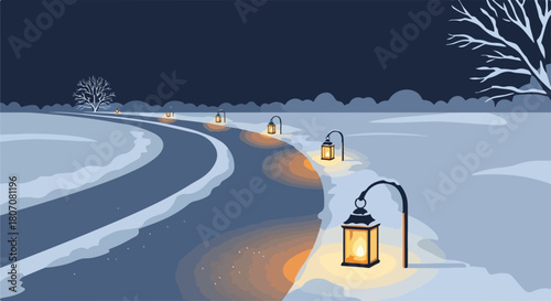 Winter path illuminated by lanterns, vector illustration of a snowy landscape with glowing lights guiding the way through a serene winter night.