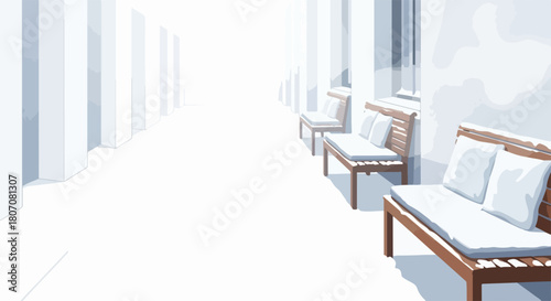 Minimalist winter scene with benches and architectural elements in bright white vector art style. Serene winter landscape with empty seating areas and clean lines, perfect for conceptual design.