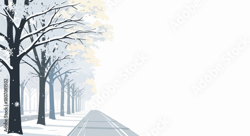 Winter road bordered by snow covered trees, extending into misty horizon. Winter road illustration captures frosty atmosphere, calm environment, crisp air, ideal for cold season.