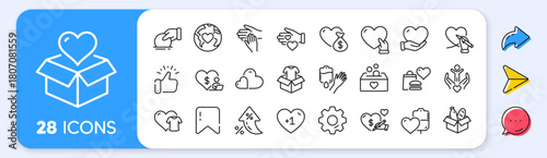 Donate and Charity line icons. Interest rate, AI generate, Inflation icons. Volunteer help, Global hunger, Food box. Helping hand, Heart donate and Care service line icons. Vector