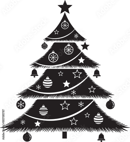 A black and white Christmas tree with ornaments and stars against a white background.