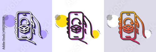 Delivery app line icon. Halftone dotted pattern. Gradient icon with grain shadow. Hand hold phone sign. Cellphone with screen notification symbol. Line delivery app icon. Various designs. Vector
