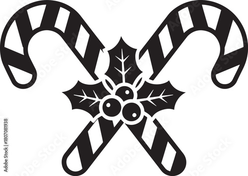 Two candy canes with a holly berry and berries on a white background.