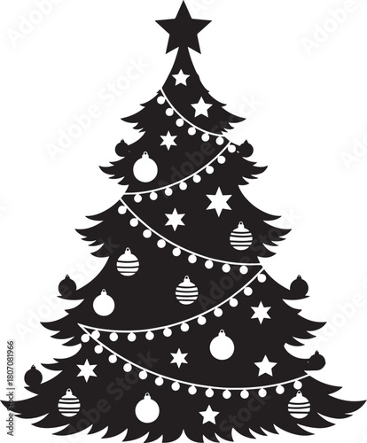A black and white silhouette of a Christmas tree with ornaments and lights.