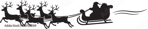 A black and white silhouette of Santa Claus in a sleigh being pulled by reindeer.