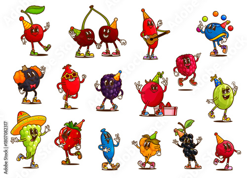 Groovy berry characters on holiday party. Cartoon happy fruit food vector personages of retro y2k strawberry, cherry and grapes, groovy y2k raspberry and currant with party hats, glasses and gift box