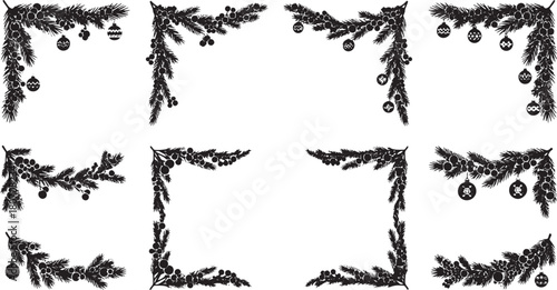 Christmas tree branches with ornaments and berries, set against a white background.