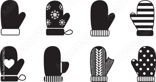A set of black and white mittens with various patterns and designs, including snowflakes, stripes, and hearts, arranged in a grid on a white background.