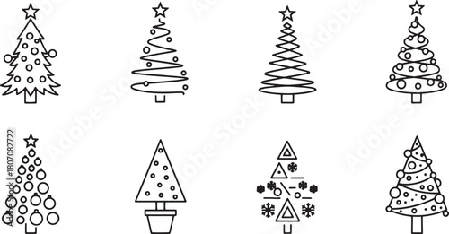 Christmas tree icons set with various designs and decorations.