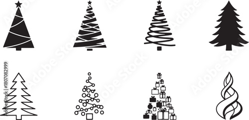 Christmas tree icons set with various designs and colors.