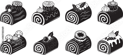 Christmas-themed yule log cakes with festive decorations.