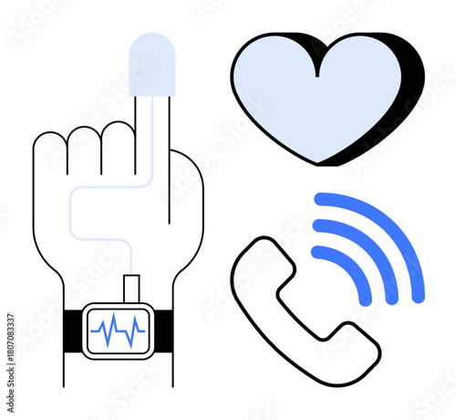 Finger with wearable device tracking health, heart icon, call symbol with waves. Ideal for healthcare, telemedicine, fitness, technology, wellbeing lifestyle communication. Simple flat metaphor