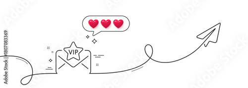 Vip letter line icon. Continuous line with share plane. Mail for very important person sign. Exclusive privilege symbol. Hearts rate review in speech bubble. Vip mail single line ribbon. Vector