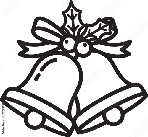 Two Christmas bells with a mistletoe and berries on a white background.