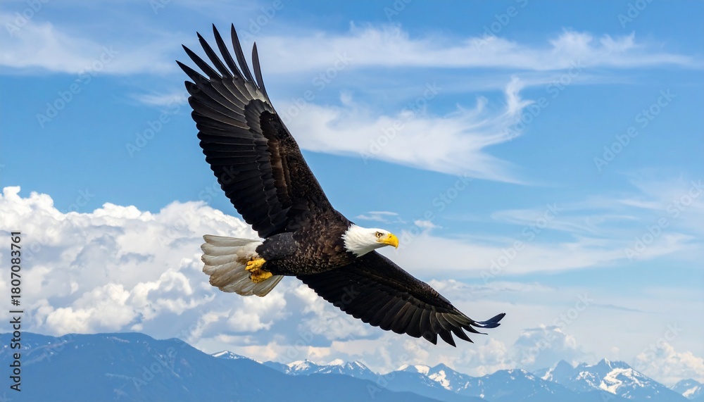 Obraz premium Majestic eagle soaring above mountains and clouds, a symbol of freedom and power