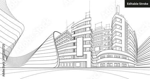 "Modern Futuristic Cityscape Line Art – Contemporary Architecture Editable Stroke Illustration"