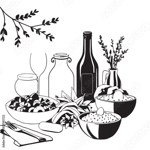 Artistic sketch of a delicious food spread with wine and fresh produce set vector.