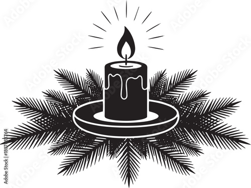 A black and white illustration of a candle with a flame and a sprig of evergreen leaves, set against a white background.