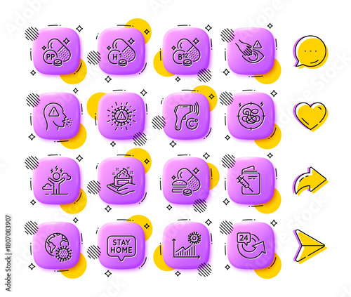 Stay home, Electronic thermometer and Coronavirus pandemic line icons. App 3d buttons. Social media comment, share, like icons. Pack of Dont touch, Overeating pills, Coronavirus icon. Vector