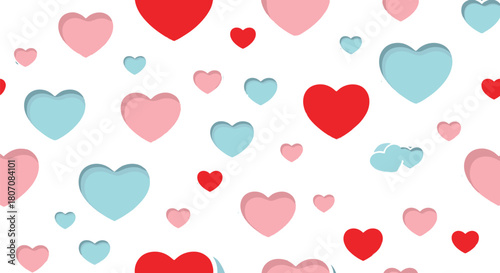 Scattered red, pink, and blue heart pattern on white background symbolizing love, affection, and cheerful romantic celebration design