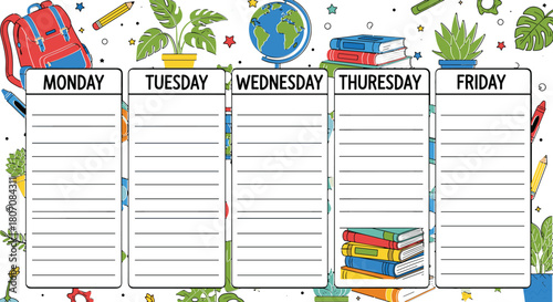 Colorful weekly planner template with school-themed illustrations for organizing tasks from Monday to Friday, ideal for students and educators