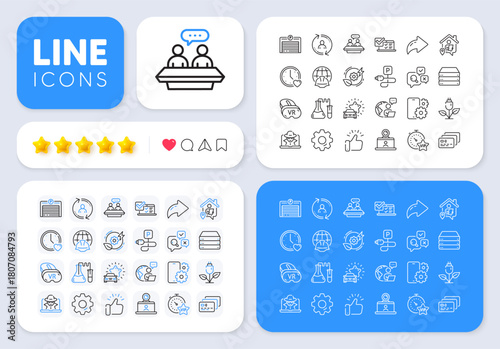 Video conference, Vip timer and Fraud line icons for web app. Message, Share, Like social media icons. Pack of Outsource work, User info, Car review pictogram icons. Vector