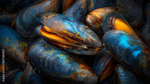 A close up shot showing a pile of mussels with blue and orange shells and a textured appearance