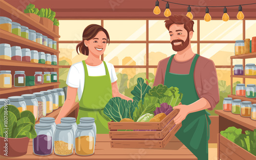 Friendly shopkeepers displaying fresh organic produce in a grocery store