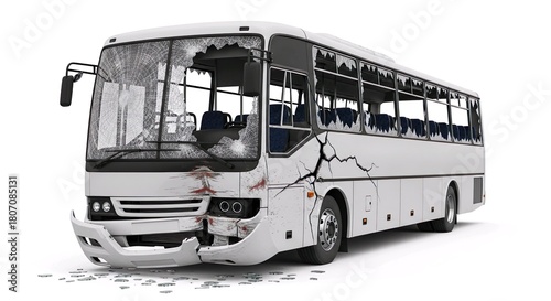 Crashed bus With Broken Windows on white background 