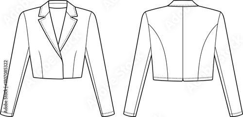 Cropped blazer sketch, notched lapel collar, long sleeve design, tailored silhouette, fashion flat drawing, garment template, front and back view