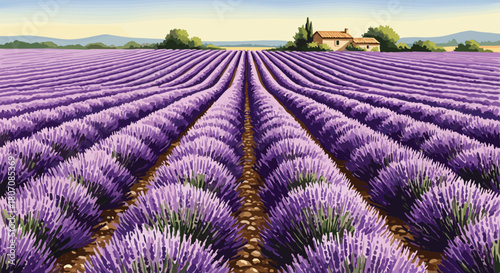 Endless rows of vibrant purple lavender create a beautiful, aromatic landscape in the sunny fields of Provence, France.