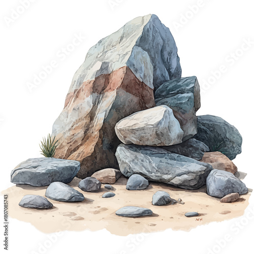 watercolor of Sandy Beach And Rocks, vector, isolated on a white background.