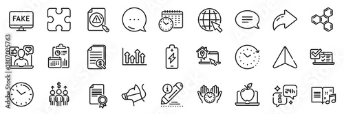 Edit, Safe time and Financial documents line icons pack. Share, Message, Paper plane icons. Online survey, Upper arrows, Fake news web icon. Certificate, Music book, Search document pictogram. Vector