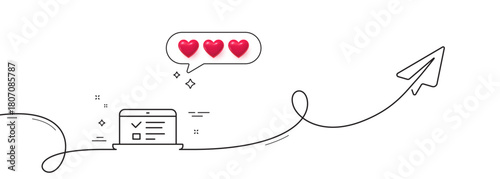 Online Education line icon. Continuous line with share plane. Notebook or Laptop sign. Web Presentation or Internet Lectures symbol. Hearts rate review in speech bubble. Vector